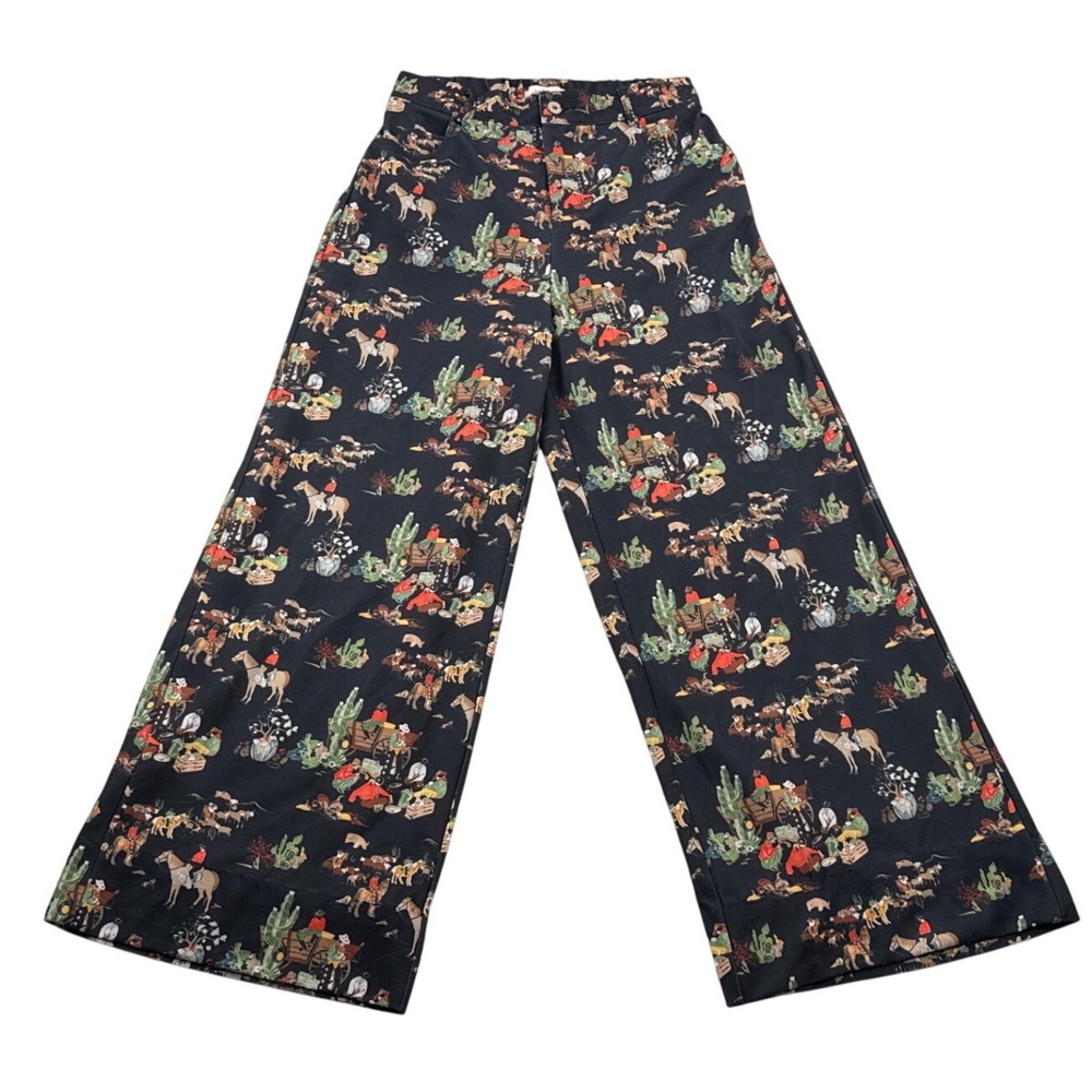 Turquoise Haven Western Desert Print Wide Leg Pants Cowboy Horse Cactus M